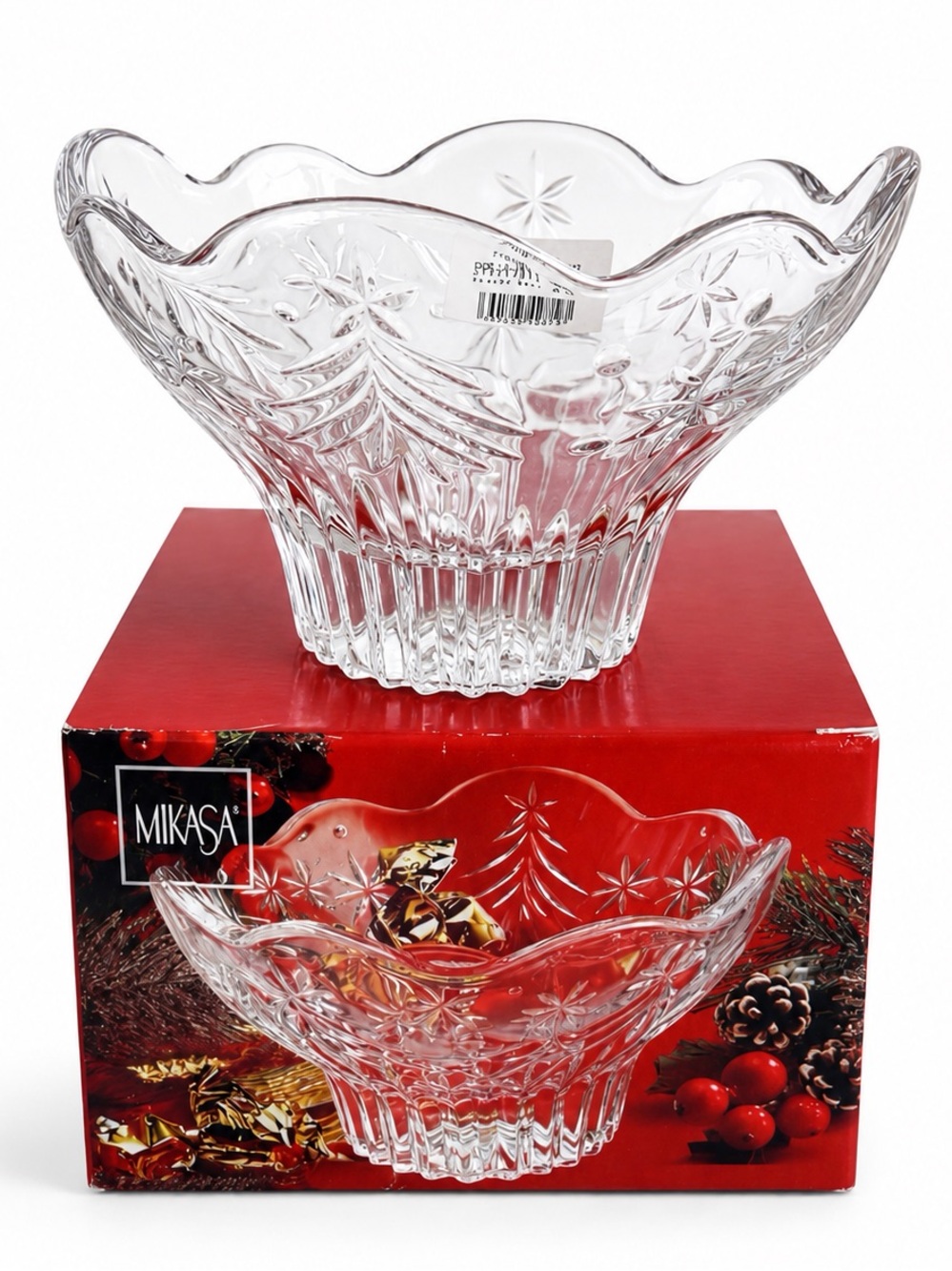Vintage Mikasa Christmas Night Footed Glass Bowl 6” Original Box 1990s
